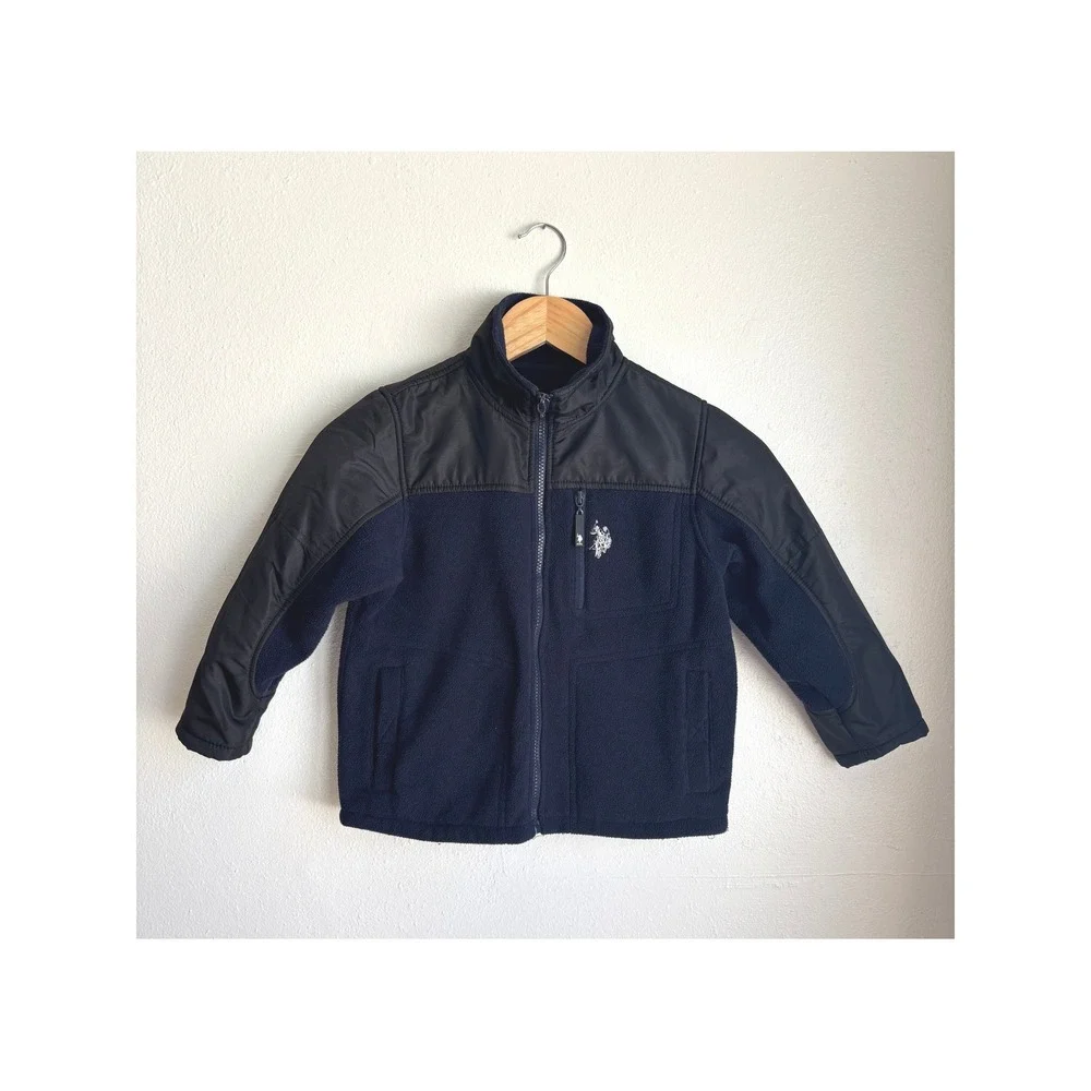 US Polo Assn Boys Navy Blue Fleece Mixed Media Zip Up‎ Jacket Size 5/6